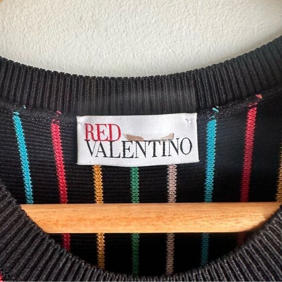 Red Valentino Short Sleeve Black Knit Rainbow Stripe Shift Dress - Picture 7 of 9